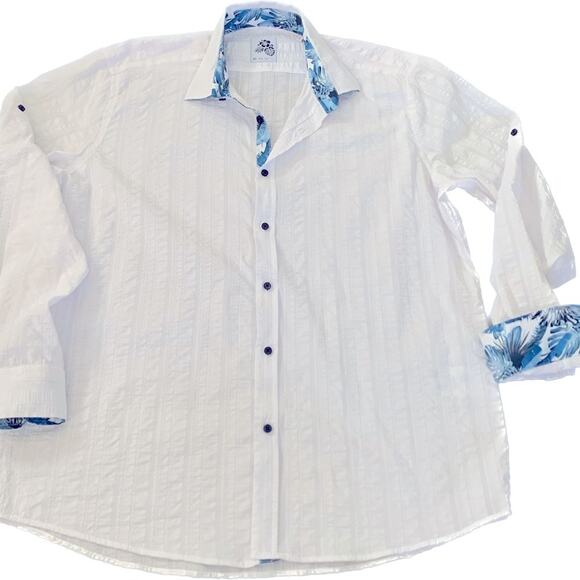 ENVY Womens Shirt Large White Blue Tropical Hawaiian Button-Front Resort Beach - Picture 2 of 10